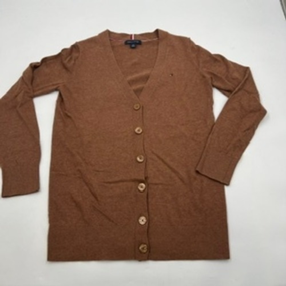 Tommy Hilfiger Womens XS Camel Brown 100% Cotton V-Neck Button Front Cardigan